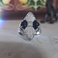 14k white gold c.20s filigree Deco diamond black onyx & quartz Ring