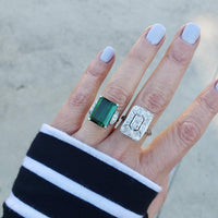 Platinum emerald cut  Green Tourmaline & Diamond estate Ring