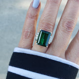 Platinum emerald cut  Green Tourmaline & Diamond estate Ring