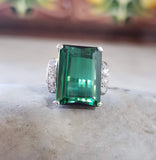 Platinum emerald cut  Green Tourmaline & Diamond estate Ring