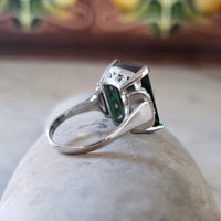 Platinum emerald cut  Green Tourmaline & Diamond estate Ring