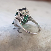 Platinum emerald cut  Green Tourmaline & Diamond estate Ring