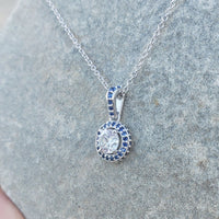14k gold white gold sapphire & diamond halo necklace pendant