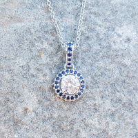 14k gold white gold sapphire & diamond halo necklace pendant