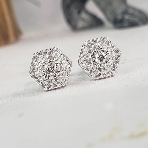 14k white gold filigree diamond studs earrings - .10ct tw