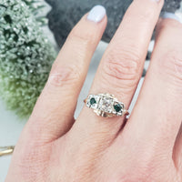 14k gold two tone mine cut diamond & Emerald estate c.30s ring