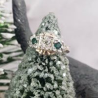 14k gold two tone mine cut diamond & Emerald estate c.30s ring