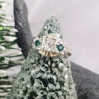 14k gold two tone mine cut diamond & Emerald estate c.30s ring