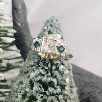 14k gold two tone mine cut diamond & Emerald estate c.30s ring