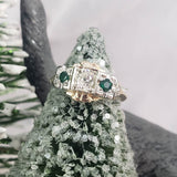 14k gold two tone mine cut diamond & Emerald estate c.30s ring