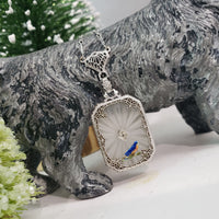 14k white gold Deco c.20's etched quartz crystal diamond pendant filigree enamel BIRD necklace