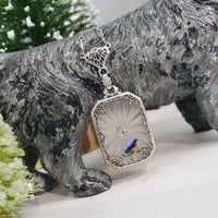 14k white gold Deco c.20's etched quartz crystal diamond pendant filigree enamel BIRD necklace