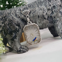 14k white gold Deco c.20's etched quartz crystal diamond pendant filigree enamel BIRD necklace