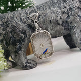 14k white gold Deco c.20's etched quartz crystal diamond pendant filigree enamel BIRD necklace