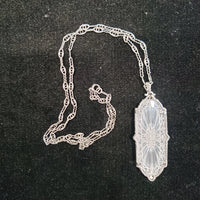 14k white gold Deco c.20's etched quartz crystal diamond pendant necklace