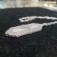 14k white gold Deco c.20's etched quartz crystal diamond pendant necklace