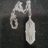 14k white gold Deco c.20's etched quartz crystal diamond pendant necklace