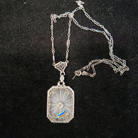 14k white gold Deco c.20's etched quartz crystal diamond pendant filigree enamel BIRD necklace