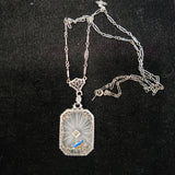 14k white gold Deco c.20's etched quartz crystal diamond pendant filigree enamel BIRD necklace