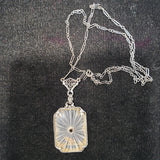 14k white gold Deco c.20's etched quartz crystal diamond pendant filigree enamel BIRD necklace
