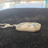14k white gold Deco c.20's etched quartz crystal diamond pendant filigree enamel BIRD necklace