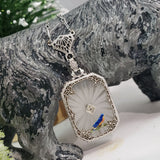 14k white gold Deco c.20's etched quartz crystal diamond pendant filigree enamel BIRD necklace