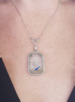 14k white gold Deco c.20's etched quartz crystal diamond pendant filigree enamel BIRD necklace