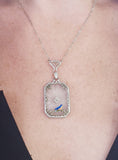 14k white gold Deco c.20's etched quartz crystal diamond pendant filigree enamel BIRD necklace