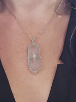 14k white gold Deco c.20's etched quartz crystal diamond pendant necklace