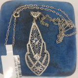 14k white gold Deco c.20's filigree diamond & sapphire pendant necklace
