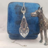 14k white gold Deco c.20's filigree diamond & sapphire pendant necklace