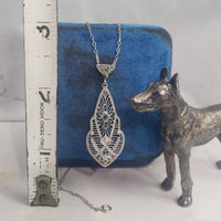14k white gold Deco c.20's filigree diamond & sapphire pendant necklace