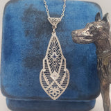 14k white gold Deco c.20's filigree diamond & sapphire pendant necklace
