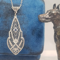 14k white gold Deco c.20's filigree diamond & sapphire pendant necklace