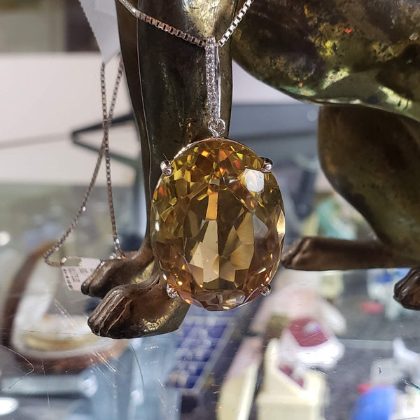 14k white gold huge oval CITRINE estate pendant necklace