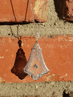 14k white gold Deco c.20's etched camphor & diamond pendant necklace