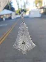 14k white gold Deco c.20's etched camphor & diamond pendant necklace