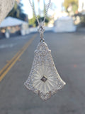 14k white gold Deco c.20's etched camphor & diamond pendant necklace