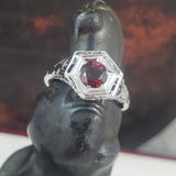 10k white gold c.20's c.30's Art Deco Garnet filigree Ring