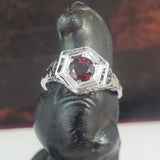 10k white gold c.20's c.30's Art Deco Garnet filigree Ring