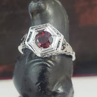 10k white gold c.20's c.30's Art Deco Garnet filigree Ring