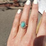18k yellow gold Victorian turquoise & mine cut diamond halo ring