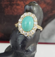 18k yellow gold Victorian turquoise & mine cut diamond halo ring