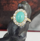 18k yellow gold Victorian turquoise & mine cut diamond halo ring