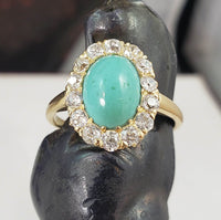 18k yellow gold Victorian turquoise & mine cut diamond halo ring