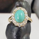 18k yellow gold Victorian turquoise & mine cut diamond halo ring