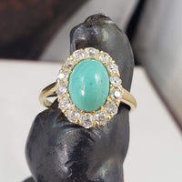18k yellow gold Victorian turquoise & mine cut diamond halo ring