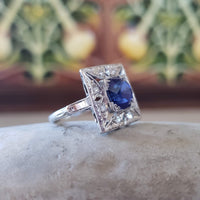 Platinum Art Deco blue sapphire & diamond vintage ring