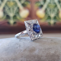 Platinum Art Deco blue sapphire and diamond vintage ring