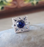 Platinum Art Deco blue sapphire and diamond vintage ring